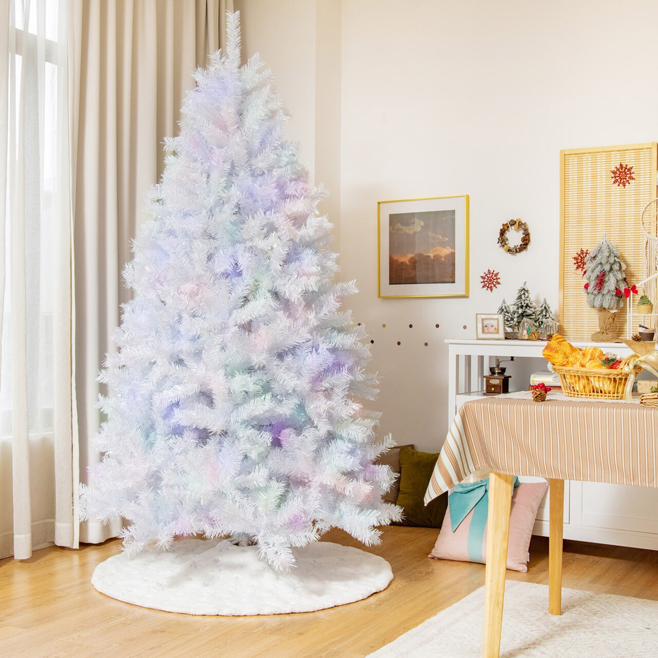 6/7/8 Ft White Artificial Christmas Tree Hinged Unlit Iridescent Xmas Tree